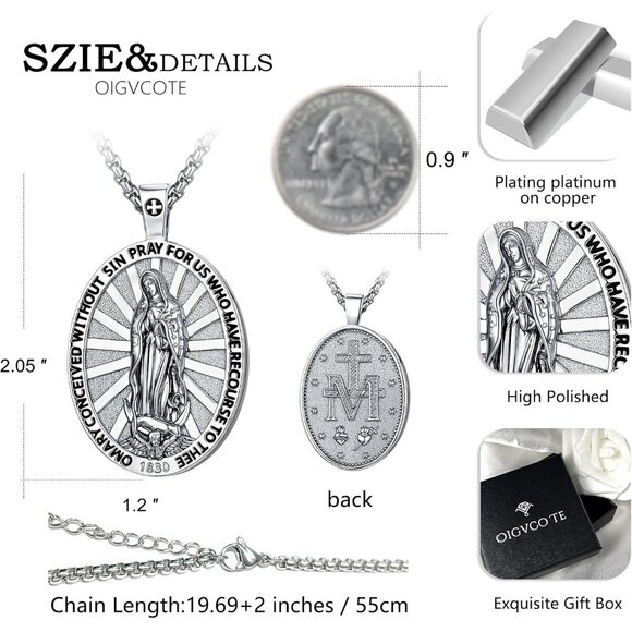 Virgin Mary Patron Saint Necklace Silver Oval Medallion with Bible Verses - Picture 2 of 9